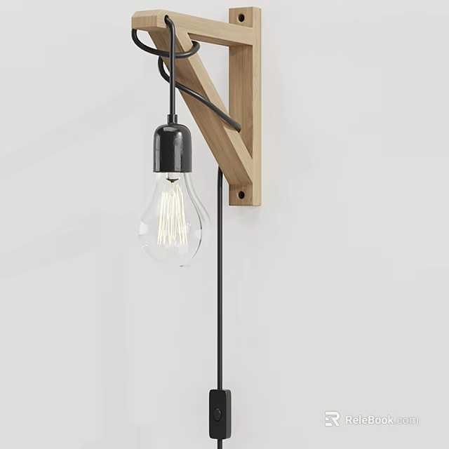 Minimalist Wall Light With Wooden Bracket Black Socket And Clear Glass Bulb 3d model