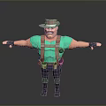 Cartoon Adventure Character In Green Shirt With Brown Hat Suspenders Utility Belt And Open Arms 3d model