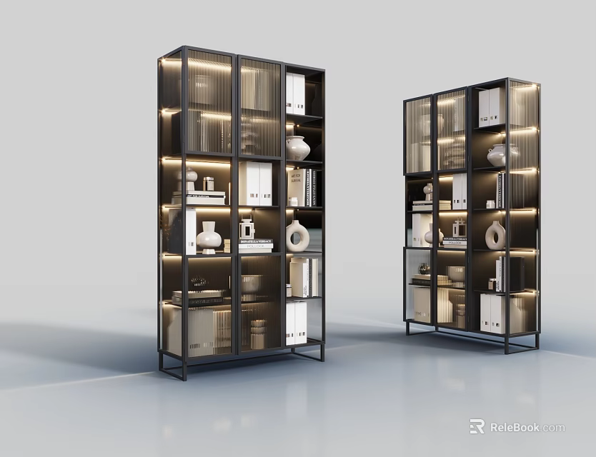 Modern Bookcases with Metal Frames Glass Doors and Shelves Holding Books Vases and Decorative Items 3d model 