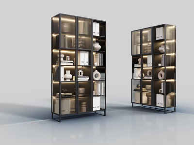 Modern Bookcases with Metal Frames Glass Doors and Shelves Holding Books Vases and Decorative Items 3d model