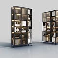 Modern Bookcases with Metal Frames Glass Doors and Shelves Holding Books Vases and Decorative Items
