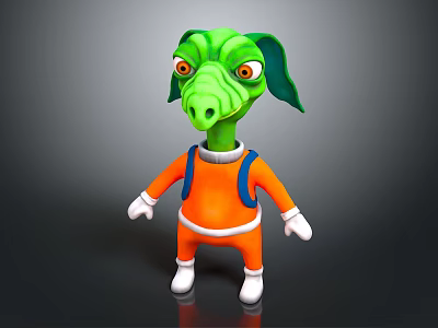 3D Green Alien Creature Character Wearing Orange Outfit With Blue Straps And White Gloves 3d model