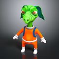 3D Green Alien Creature Character Wearing Orange Outfit With Blue Straps And White Gloves