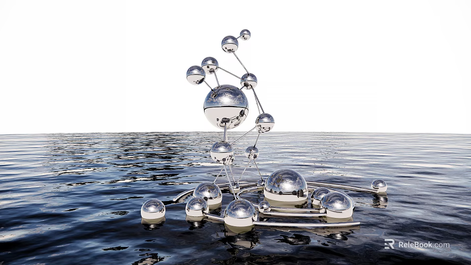 Shiny Silver Sphere Landscape Sculpture Connected by Metal Rods on Rippling Water 3d model 