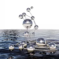 Shiny Silver Sphere Landscape Sculpture Connected by Metal Rods on Rippling Water