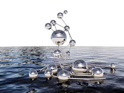 Shiny Silver Sphere Landscape Sculpture Connected by Metal Rods on Rippling Water 3d model