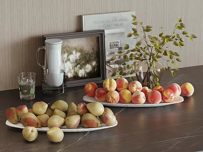 Fresh Peaches and Pears on Plates with Pitcher Glass and Green Plant on Kitchen Table 3d model