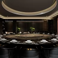 Elegant Private Dining Box Interior With Round Table Green Plants And Black Chairs 3d model