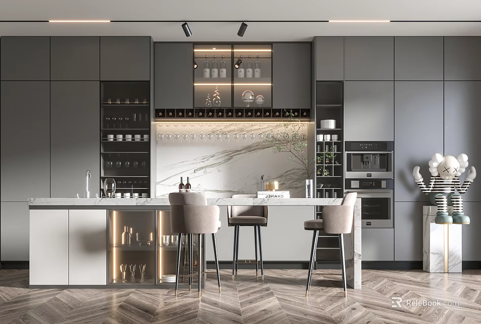 Modern Bar Area Interior With Marble Counter Bar Stools And Wine Racks 3d model 
