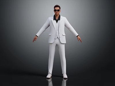 A Man in White Suit with Sunglasses Standing with Arms Outstretched Against Gray Background 3d model