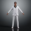 A Man in White Suit with Sunglasses Standing with Arms Outstretched Against Gray Background