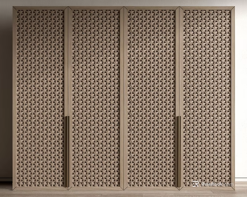 Modern Wooden Wardrobe With Lattice Door Design And Multi Panel Storage Feature 3d model 