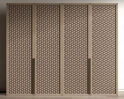 Modern Wooden Wardrobe With Lattice Door Design And Multi Panel Storage Feature 3d model
