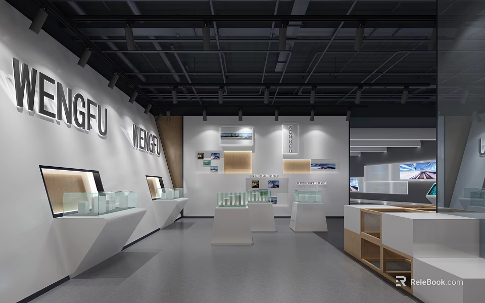 ENG FU Exhibition Hall Interior With Glass Display Counters And Wall Logos 3d model