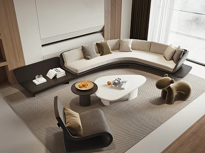 Modern Curved Sofa And Coffee Table Set With Light Upholstery Throw Pillows And Natural Light 3d model