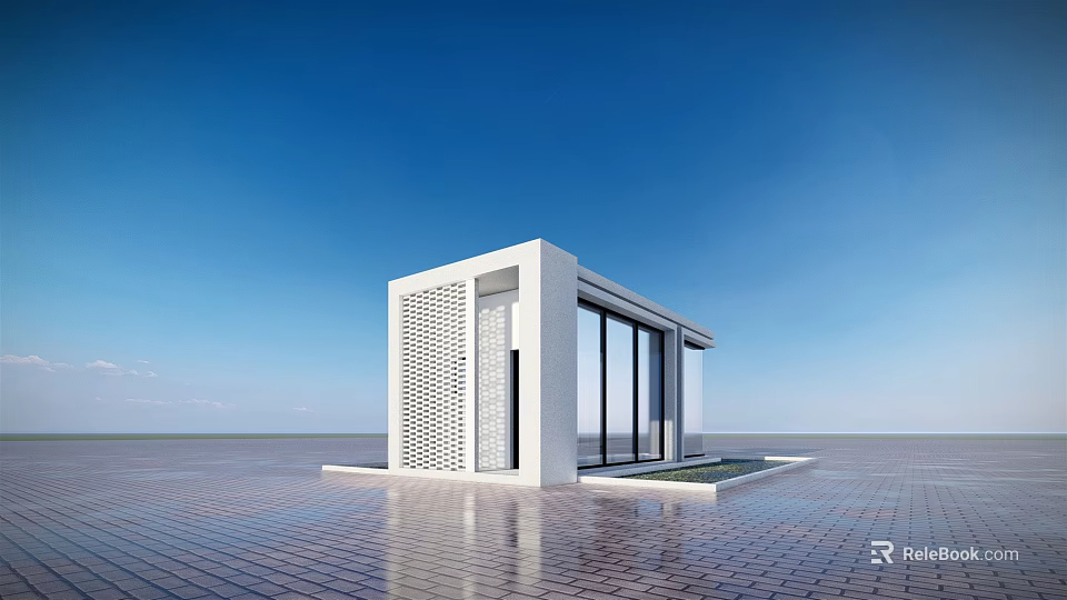 Modern White Pavilion With Glass Doors Lattice Walls And Blue Sky Background 3d model 