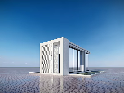 Modern White Pavilion With Glass Doors Lattice Walls And Blue Sky Background 3d model