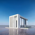 Modern White Pavilion With Glass Doors Lattice Walls And Blue Sky Background
