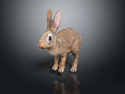 Brown Rabbit Standing With Long Ears On Black Surface And Reflection 3d model