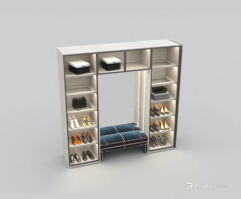 Modern Open Closet Design With Storage Shelves Shoe Racks Bench And Boxes 3d model 