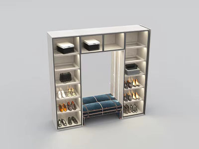 Modern Open Closet Design With Storage Shelves Shoe Racks Bench And Boxes 3d model