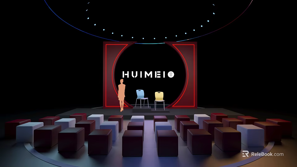 Modern Stage Design With HUIMEI Logo Person Blue And Yellow Chairs Square Seats 3d model 