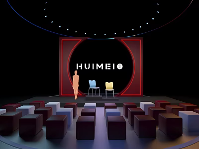 Modern Stage Design With HUIMEI Logo Person Blue And Yellow Chairs Square Seats 3d model