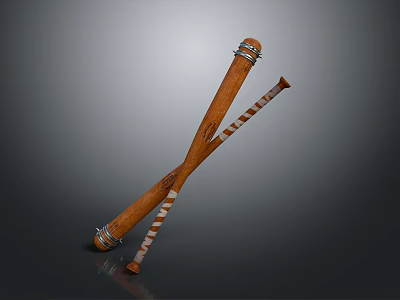 Decorative Wooden Staffs Featuring Carved Design Striped Accents And Metal Rings Crossed 3d model