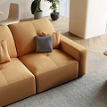 Contemporary Living Dining Room Orange Sofa Gray Carpet Round Table Plant Cushions Shelf Arched Window
