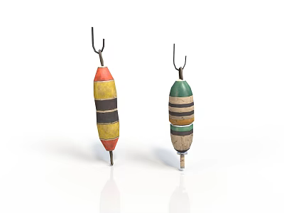 Colorful Striped Fishing Floats With Wooden Bodies And Metal Hooks 3d model