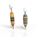 Colorful Striped Fishing Floats With Wooden Bodies And Metal Hooks