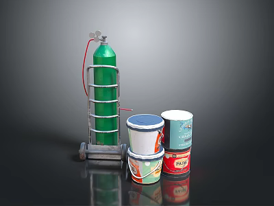 Everyday Household Items With Wheeled Cart Colorful Cans And Green Gas Cylinder 3d model