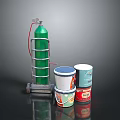 Everyday Household Items With Wheeled Cart Colorful Cans And Green Gas Cylinder