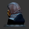Hooded Warrior 3D Bust Sculpture With Yellow Mask And Detailed Facial Features On Dark Background