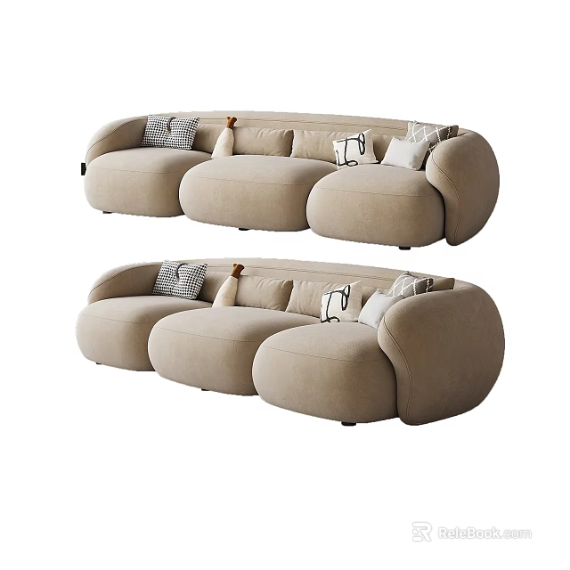 Modern Beige Sectional Sofa with Patterned Pillows and Rounded Comfortable Design 3d model