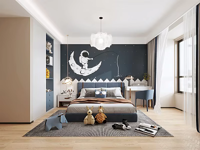 Kids Room Interior With Dark Blue Wall Astronaut Moon Mural Bed And Stuffed Toys 3d model