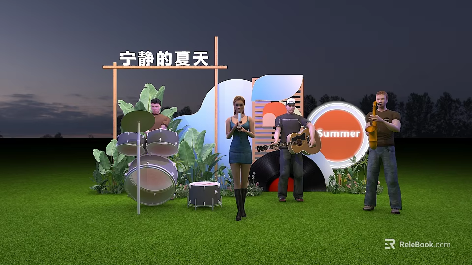 Serene Summer Stage Band Performance Drums Guitar Green Plants Night Grassy Area 3d model 