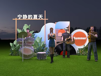 Serene Summer Stage Band Performance Drums Guitar Green Plants Night Grassy Area 3d model