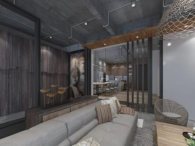 Modern Industrial Living Dining Room Interior With Wooden Wall Sofa And Hanging Light 3d model