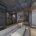 Modern Industrial Living Dining Room Interior With Wooden Wall Sofa And Hanging Light