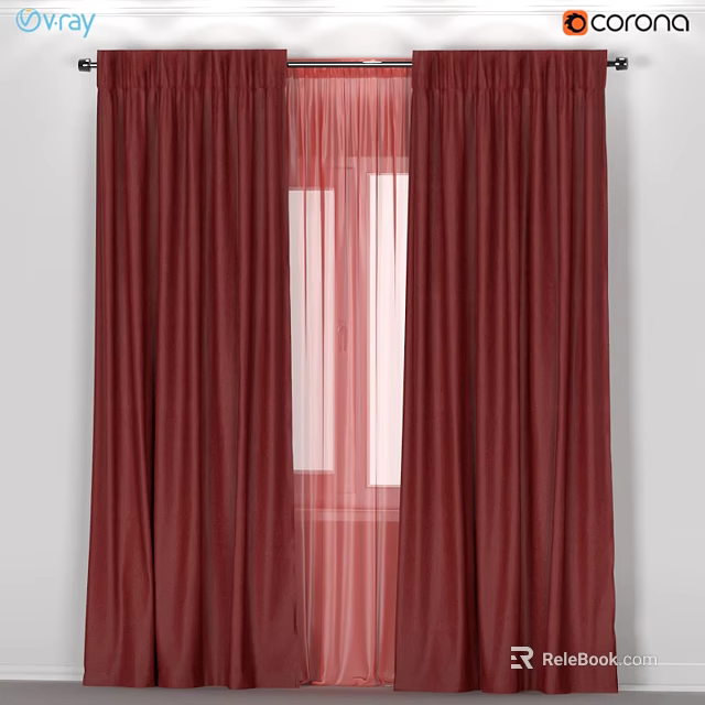 Red Double Layer Curtains With Pink Sheer For Window Decoration 3d model