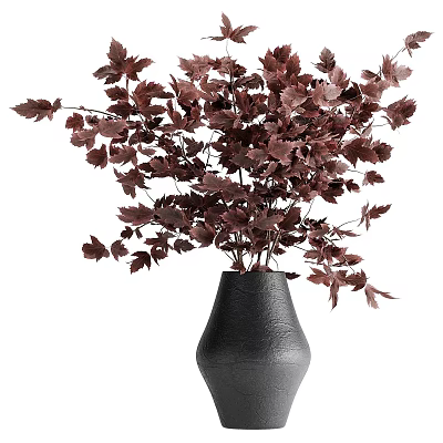 Black Textured Vase With Dark Red Maple Leaves As Decorative Floral Arrangement 3d model