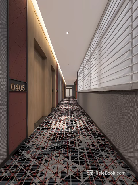 Modern Elevator Hallway With Room Number Q405 Doors Patterned Carpet And Window Blinds 3d model 