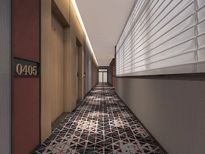 Modern Elevator Hallway With Room Number Q405 Doors Patterned Carpet And Window Blinds 3d model