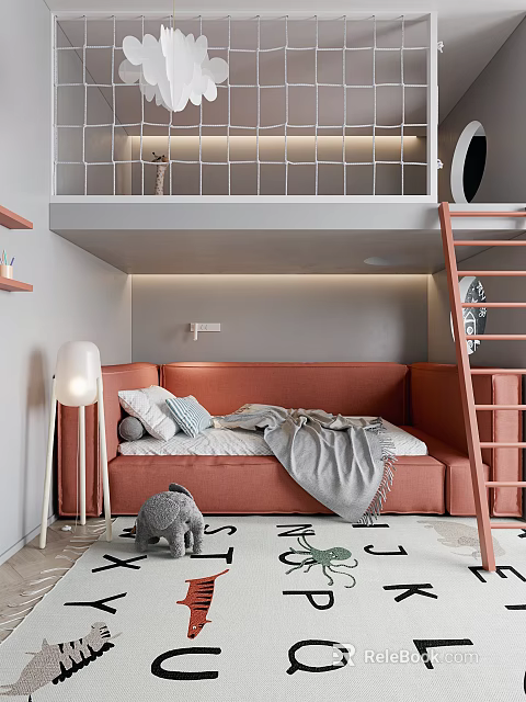Cozy Kids Room Interior With Loft Bed Ladder Orange Sofa Bed And Stuffed Animal Rug 3d model 