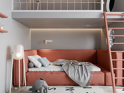 Cozy Kids Room Interior With Loft Bed Ladder Orange Sofa Bed And Stuffed Animal Rug 3d model