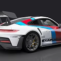 Porsche Sports Car With White Exterior Red Blue Racing Stripes Rear Spoiler And Alloy Wheels