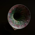 Vintage Gramophone With Colorful Decorative Horn And Wooden Carved Base Design