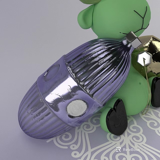 Green Doll With Black Feet Holding Purple Metallic Decorative Ball On White Patterned Background 3d model 