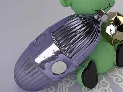 Green Doll With Black Feet Holding Purple Metallic Decorative Ball On White Patterned Background 3d model